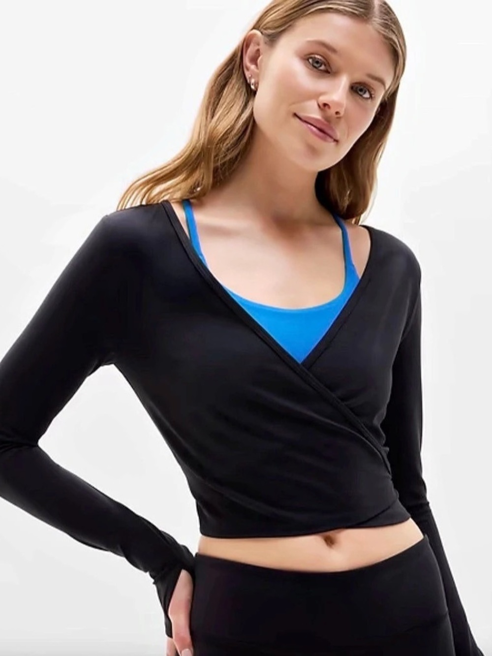 Athleta Transcend Wrap Crop Top Black Long Sleeve